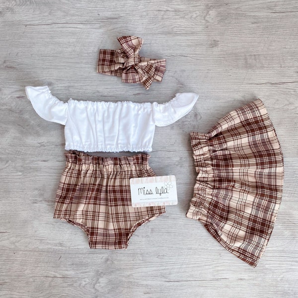 Summer Outfit Sets for Baby Girls, Tartan Bummies Skirts, Off the Shoulder Top, Mix and Match Different Pieces in a Baby Girl Outfit Set