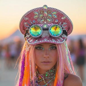 Può includere: Un cappello rosa impreziosito con occhiali iridescenti e gemme colorate. Il cappello è adornato con cristalli e gioielli scintillanti. La persona nell'immagine ha i capelli rosa con ciocche di perline arancioni, viola e iridescenti. Una collana di perline a più fili completa il look.