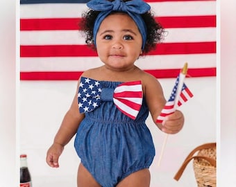 Baby Girl 4th of July Outfit, American Flag Bow Romper, Patriotic Baby Outfit, USA Denim Romper, Independence Day Baby Clothes, Baby Romper