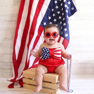 Baby Girl USA Flag Red Romper, 4th of July Baby Outfit, Patriotic Baby Girl Outfit, Independence Day Romper, Red Baby Bubble