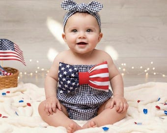 Blue Gingham USA Flag Bow Baby Romper | Patriotic Baby Girl Outfit | 4th of July Baby Romper | American Flag Baby Clothes