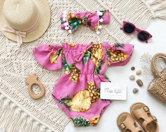 Pineapple Baby Girl Romper, Tropical Baby Outfit, Baby Girl Summer Romper, Toddler Girl Romper, Hawaiian Baby Clothes