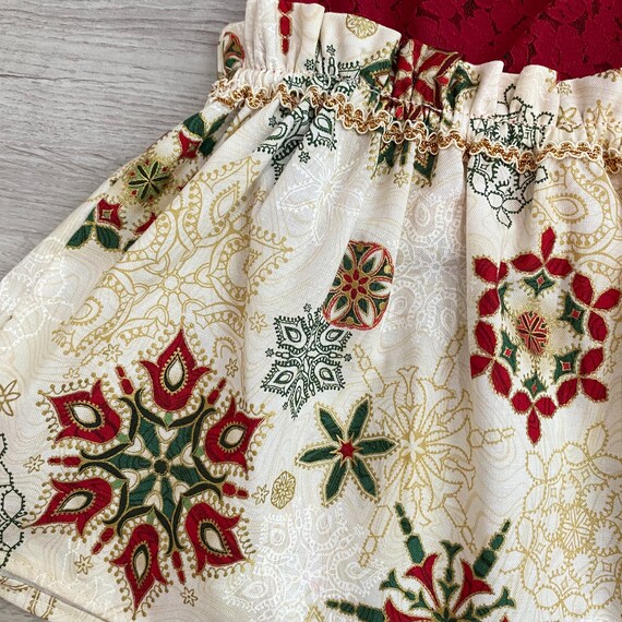 Vintage Christmas Baby Dress, Lace Pinafore Baby Outfit, Festive Print Skirt, Baby Girl Holiday Dress, First Christmas Outfit