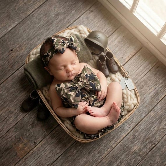 Military Baby Girl Romper Bow Front Outfit, Camo Baby Outfit Set with Headband or Bummies, Army Baby Clothes, Newborn Girl Outfit