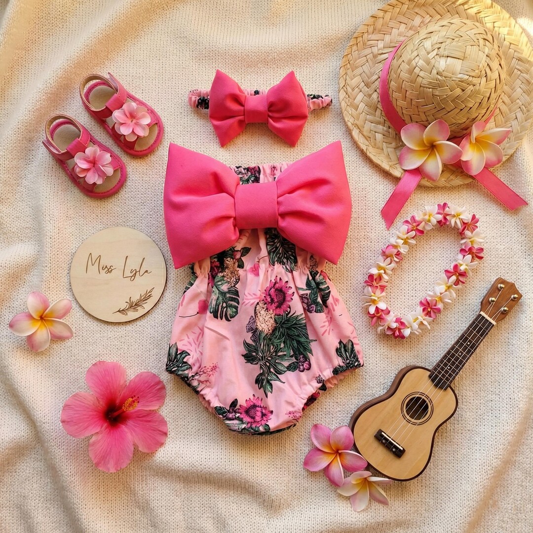 Tropical Baby Girl Romper With Bow Headband, Hawaiian Floral Baby ...