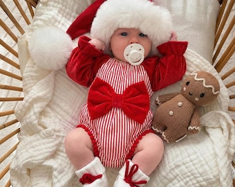 Red Velvet Baby Girl Romper Set, Christmas Baby Outfit, Candy Cane Stripe Romper, Holiday Baby Outfit with Bow, First Christmas Outfit