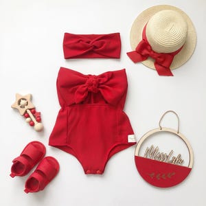 Red Summer Baby Girl Romper, Vintage Retro Infant Outfit, Boutique Baby Girl Romper, Newborn Clothes