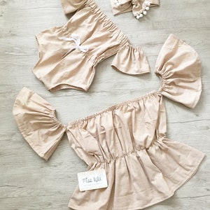 Adorable Mommy and Me Summer Outfits, Trendy Boho Beige Crop Top, Cute Mommy and Me Clothing, Mama and mini Clothes sets, New Mom gift