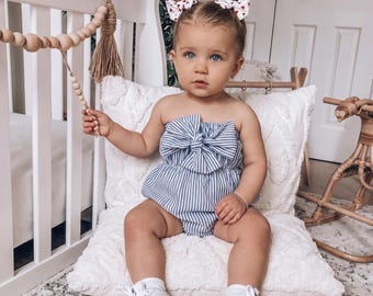 Blue Stripe Baby Girl Romper with Bow, Nautical Toddler Outfit, Summer Baby Bubble Romper, Beach Baby Girl Outfit with Headband