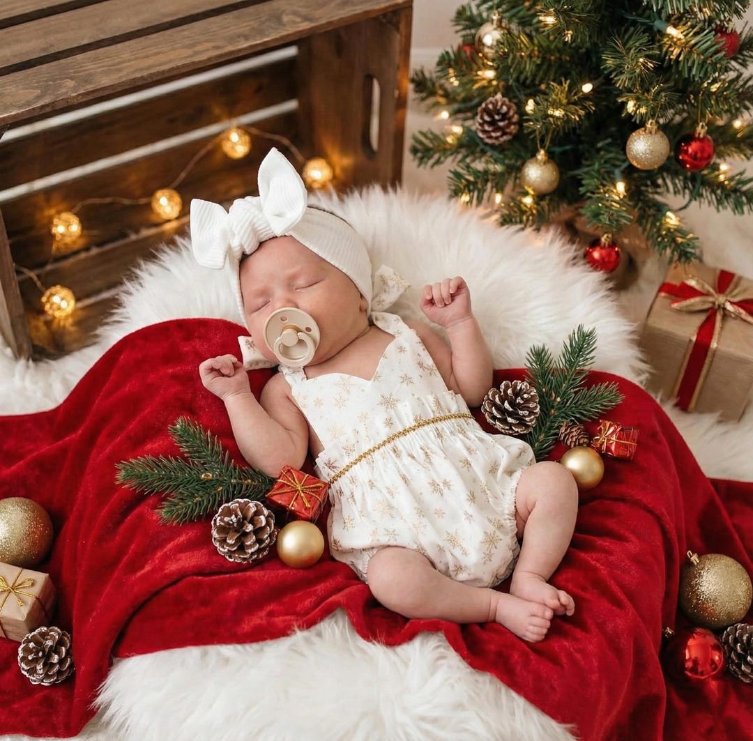 Newborn Christmas Romper Gold White, Baby First Christmas Outfit, Holiday Baby Romper, Elegant Baby Girl Outfit, Christmas Photoshoot Outfit