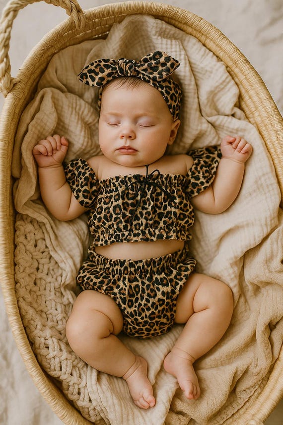 Conjunto Ropa Bebe Niña 3 Piezas: Mono Leopardo Mangas Volantes + Short + Diadema (0-24 Meses)