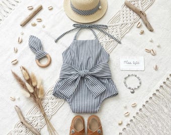 Striped Baby Romper, Halter Tie Baby Outfit, Cotton Baby Girl Romper, Bow Tie Romper, Summer Baby Outfit, Minimalist Toddler Outfit
