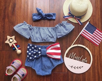 Kids American Flag Outfit | 4th of July Baby Clothes | Patriotic USA Shirt | Red White Blue Denim Set | Fourth of July Toddler Outfit