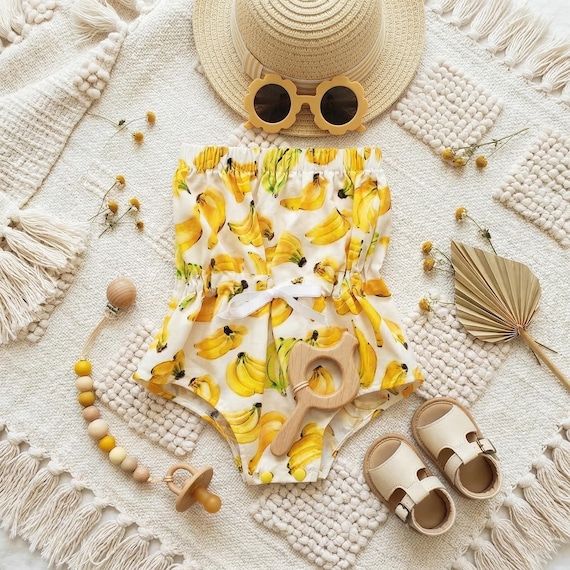 Banana Baby Romper, Tropical Baby Girl Outfit, Summer Baby Clothes, Beach Vacation Outfit, Luau Baby Outfit, First Birthday Romper