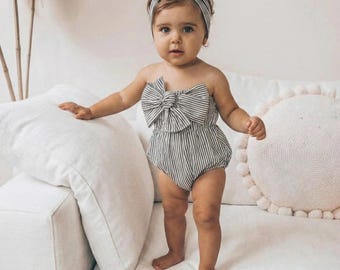 Striped Baby Girl Romper, Black and White Summer Outfit, Newborn Infant Bodysuit, Retro Toddler Clothes