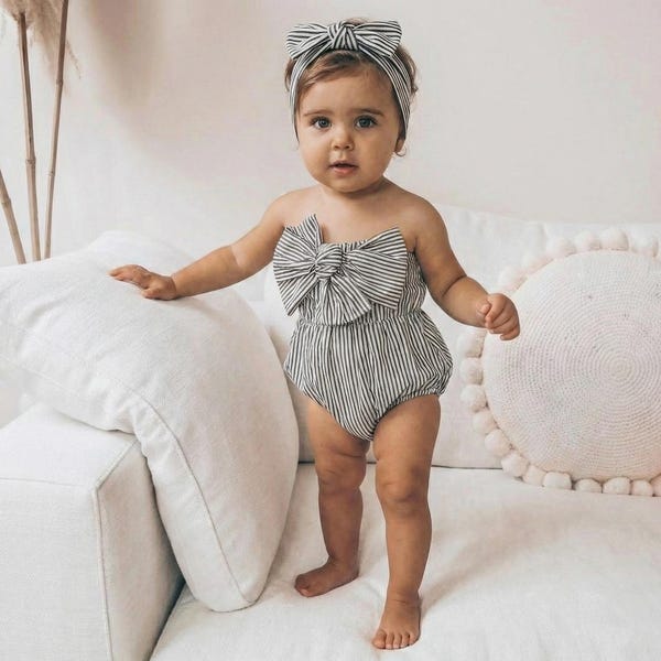 Gestreifter Baby Mädchen Romper, Schwarz und Weiß Sommer Outfit, Neugeborenen Bodysuit, Retro Kleinkind Kleidung