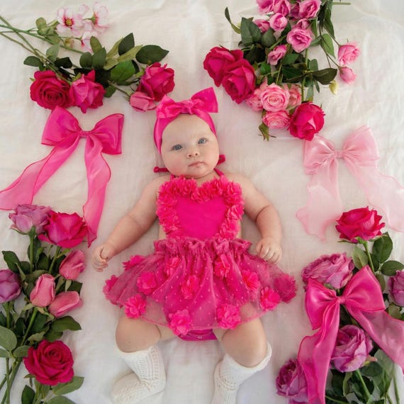 Hot Pink Baby Romper | 1st Birthday Girl Outfit | Cake Smash Outfit |  Toddler Bodysuit | Vintage Floral Newborn Photoshoot Outfit - Etsy