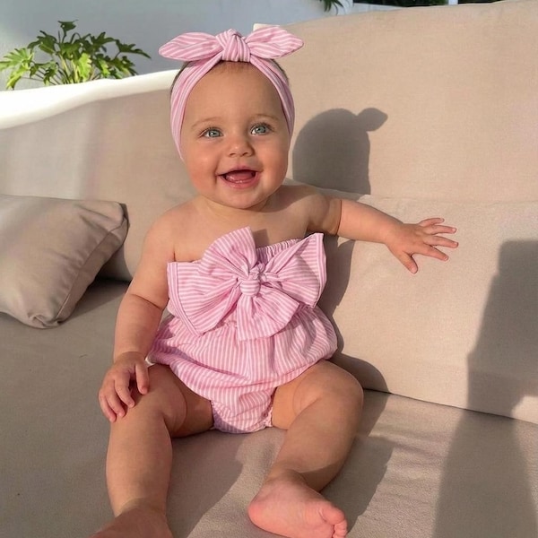 Adorable Pink Baby Girl Romper, Striped Baby Summer Outfit, Newborn Girl Clothes, Preemie Baby Outfit, Cute Baby Romper