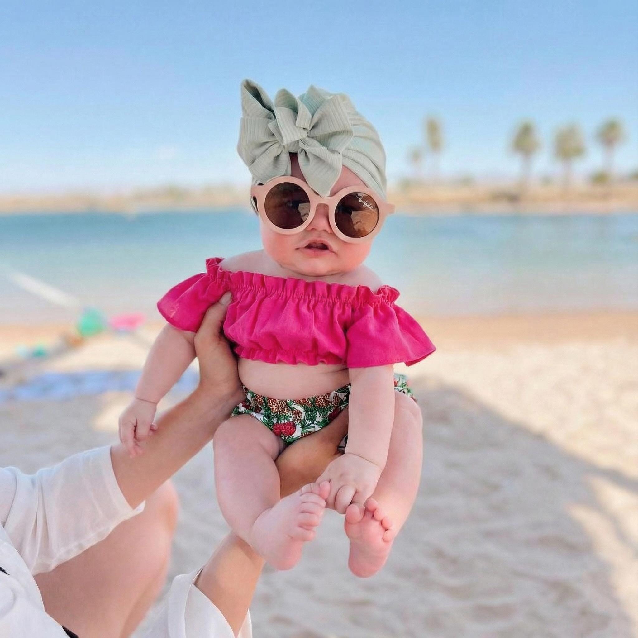 Tropical Baby Girl Outfit, Hot Pink Off Shoulder Top and Bummies Set, Summer Baby Clothes, Bright Baby Outfit, Toddler Girl Set