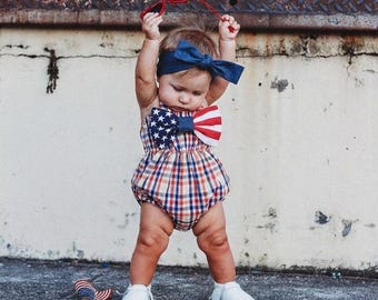 American Flag Baby Girl Romper, 4th of July Baby Outfit, Patriotic Baby Outfit, USA Baby Clothes, Red White Blue, Independence Day Outfit