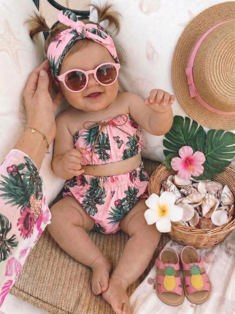 Baby Girl Tropical Outfit Set – Pink Floral Skirt Shorts – Summer ...