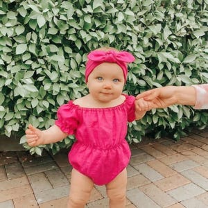 Baby Girl Pink Romper, Off Shoulder Baby Romper, Hot Pink Baby Outfit, Baby Girl Bow Romper, Toddler Summer Romper, Baby Photoshoot Outfit