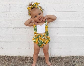 Adorable Floral Pinafore Baby Romper, Vintage Bubble Romper, Summer Baby Outfit, Beach Baby Clothes, Cute Girls Summer Romper