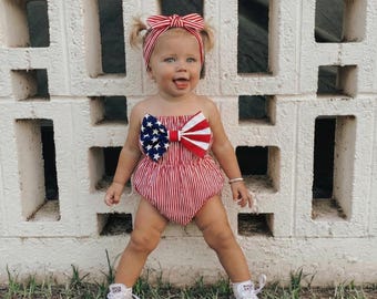 4th of July Baby Romper for Girls, Red White Blue Newborn Outfit, Fourth of July Baby Bodysuit, Toddler Romper