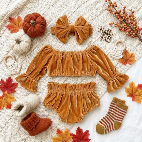 Baby Girl Velvet Outfit, Mustard Off Shoulder Top and Bloomers Set, Toddler Fall Clothes, Long Sleeve Baby Outfit, Bow Headband