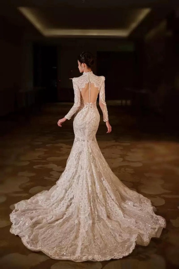 illusion backless wedding dress Long Sleeve Lace Mermaid Open Back, Deep V Bridal Gown, Fitted Lace Wedding Dress, Elegant Sexy Bridal Dress style coverage INR 2000 - 2999 2000s Fashion Trends, How Size:US S/UK 8
