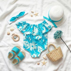 Combi-short fleuri turquoise pour bébé - Ensemble hawaïen à épaules dénudées pour bébé - Body tropical pour bébé d'été - Vêtements de vacances à la plage pour bébé