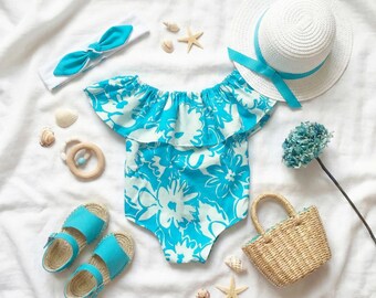 Turquoise Floral Baby Romper, Baby Girl Summer Outfit, Floral Infant Onesie, Boho Baby Romper, Newborn Photo Outfit, Baby Shower Gift