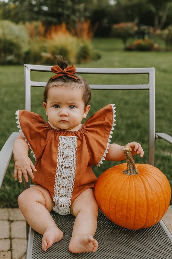 Fall Baby Girl Romper | Pumpkin Patch Outfit | Autumn Baby Clothes | Boho Baby Girl Outfit | Newborn Fall Clothes | Cute Baby Outfit