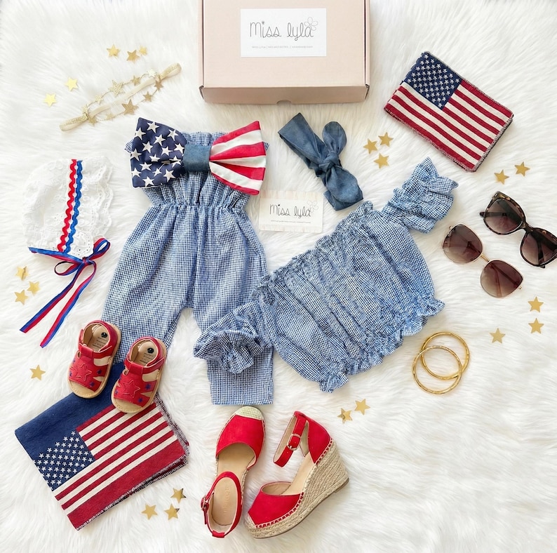 Mommy and Me 4th of July Outfit, Matching Patriotic Outfits, Blue Gingham Mom Top, Baby American Flag Jumpsuit, Family July 4th Outfit, USA Matching Set
