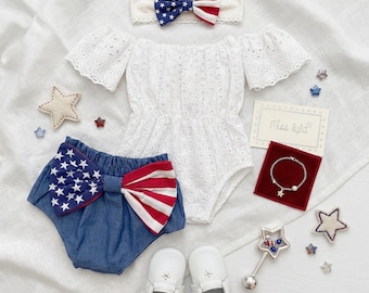 Conjunto para bebê menina para o 4 de julho, macacão patriótico, roupa de bebê com estampa dos EUA, conjunto infantil vermelho, branco e azul, roupa de bebê para o Dia da Independência