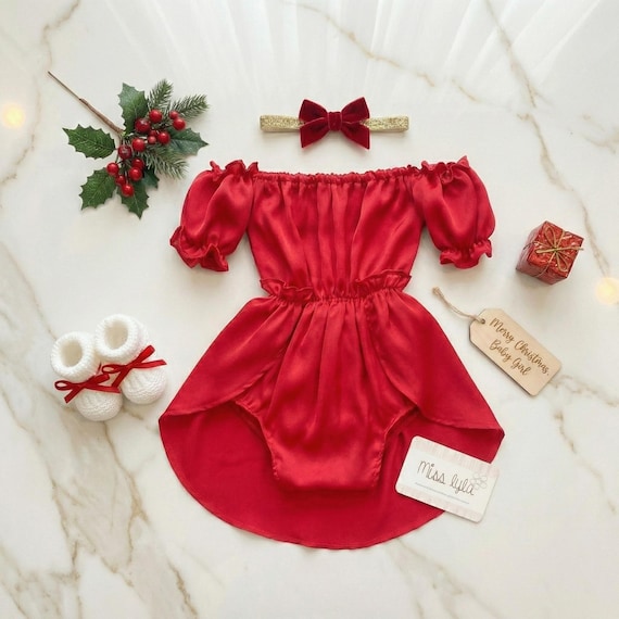 Red Satin Baby Dress Romper, Baby Girl Party Dress, Newborn Girl Outfit, Elegant Baby Romper Dress, Holiday Baby Outfit, Photoshoot Outfit