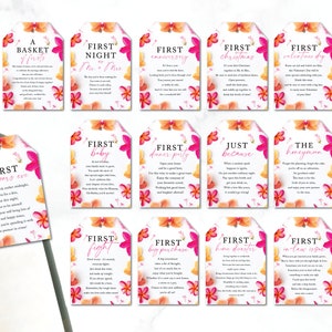 Marriage Milestone Wine Basket Tags - A year of Firsts - Wine Gift Basket Tags - Bridal Shower Gift - Wedding Gift Pink Tropical Wine Label