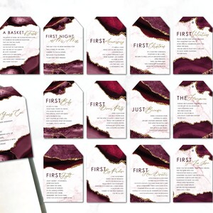 Marriage Milestone Wine Basket Tags - A year of Firsts - Wine Gift Basket Tags - Bridal Shower Gift - Wedding Gift Burgundy Agate Wine Label