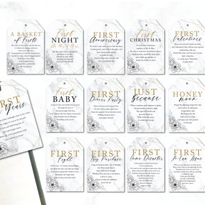 Marriage Milestone Wine Basket Tags - A year of Firsts - Wine Gift Basket Tags - Bridal Shower Gift - Wedding Gift - Modern Floral Label