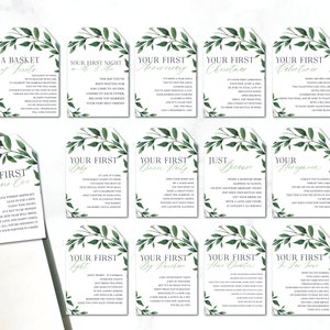 Marriage Milestone Wine Basket Tags - A year of Firsts - Wine Gift Basket Tags - Bridal Shower Gift - Wedding Gift - Greenery Label