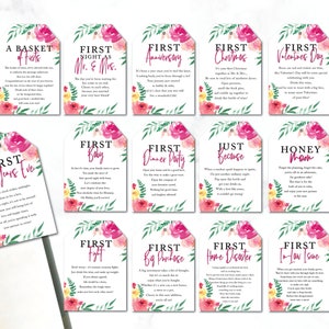 Marriage Milestone Wine Basket Tags - A year of Firsts - Wine Gift Basket Tags - Bridal Shower Gift - Watercolour Floral Wine Label
