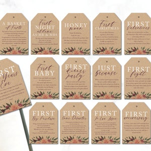 Marriage Milestone Wine Basket Tags - A year of Firsts - Wine Gift Basket Tags - Bridal Shower Gift - Wedding Gift - Floral Wine Label