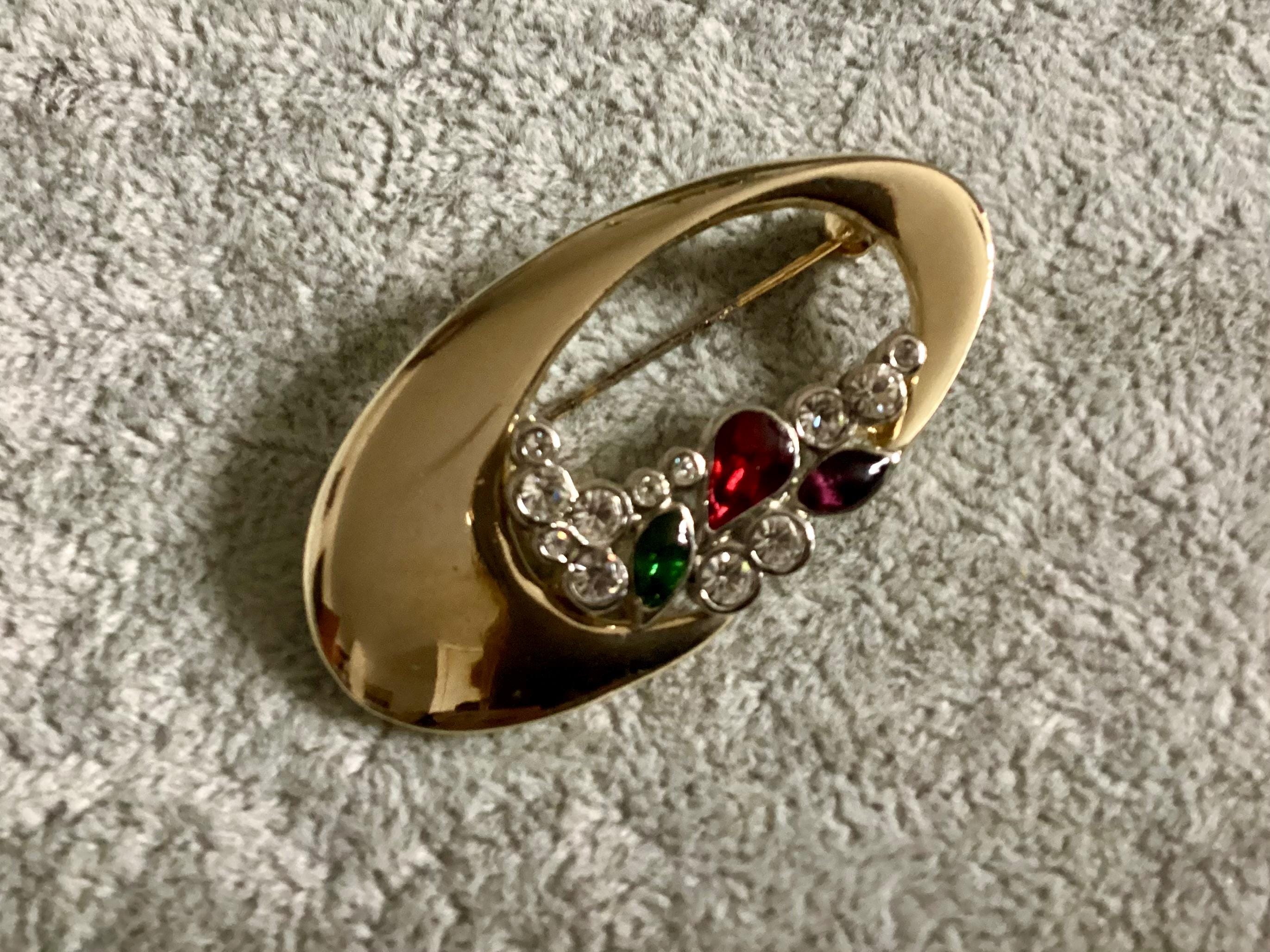 Broche Vintage Métal Doré Et Cabochons Strass - Signée, élégante