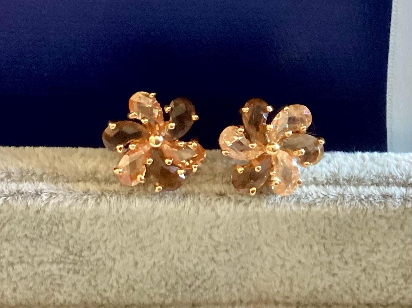 Boucles D'oreilles Vintage Clips Or Avec Cristaux Topaze - Modèle Ancien Circa 1903 - État Impeccable