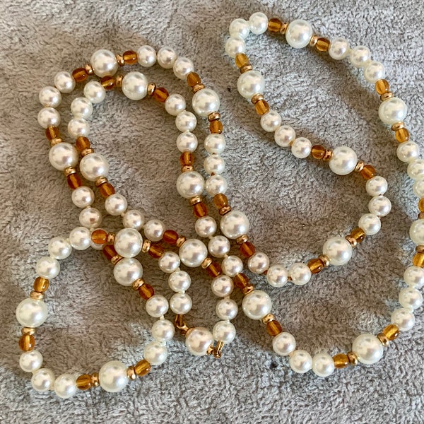 Vintage sautoir perles nacrées et marron 80 de chez Cabouchon années 90