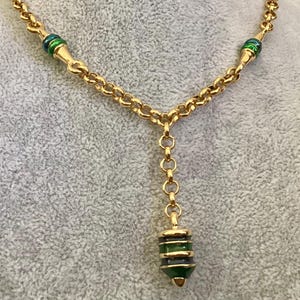 Beautiful vintage lariat Y-shaped necklace with green and blue pendulum motif, 1990s, Made in France