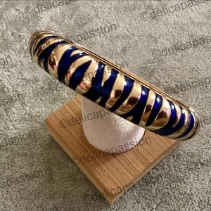Può includere: Un bracciale rigido incernierato caratterizzato da un motivo ripetuto di metallo color oro lucido e strisce di smalto blu intenso. Il bracciale presenta un profilo curvo e arrotondato con un meccanismo di chiusura sicuro e colori alternati.