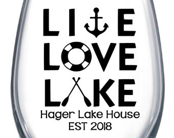 Custom Lake Stemless Barware / Live Love Lake Stemless Wine glass / Fecha establecida / Regalo personalizado de anfitriona / Regalos náuticos personalizados