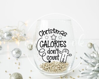 Copa de vino sin tallo personalizada de Navidad, Calorías no cuentan, Divertido, Pan de jengibre, Diversión para hornear, Regalo de mordaza, Regalo secreto de Santa, Papá Noel sucio,