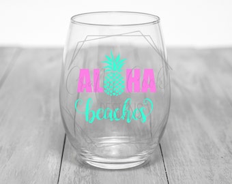 Aloha Beaches Stemless Wine Glass| Pineapple| Beach Lover| Hostess Gift| Birthday Gift| Ocean